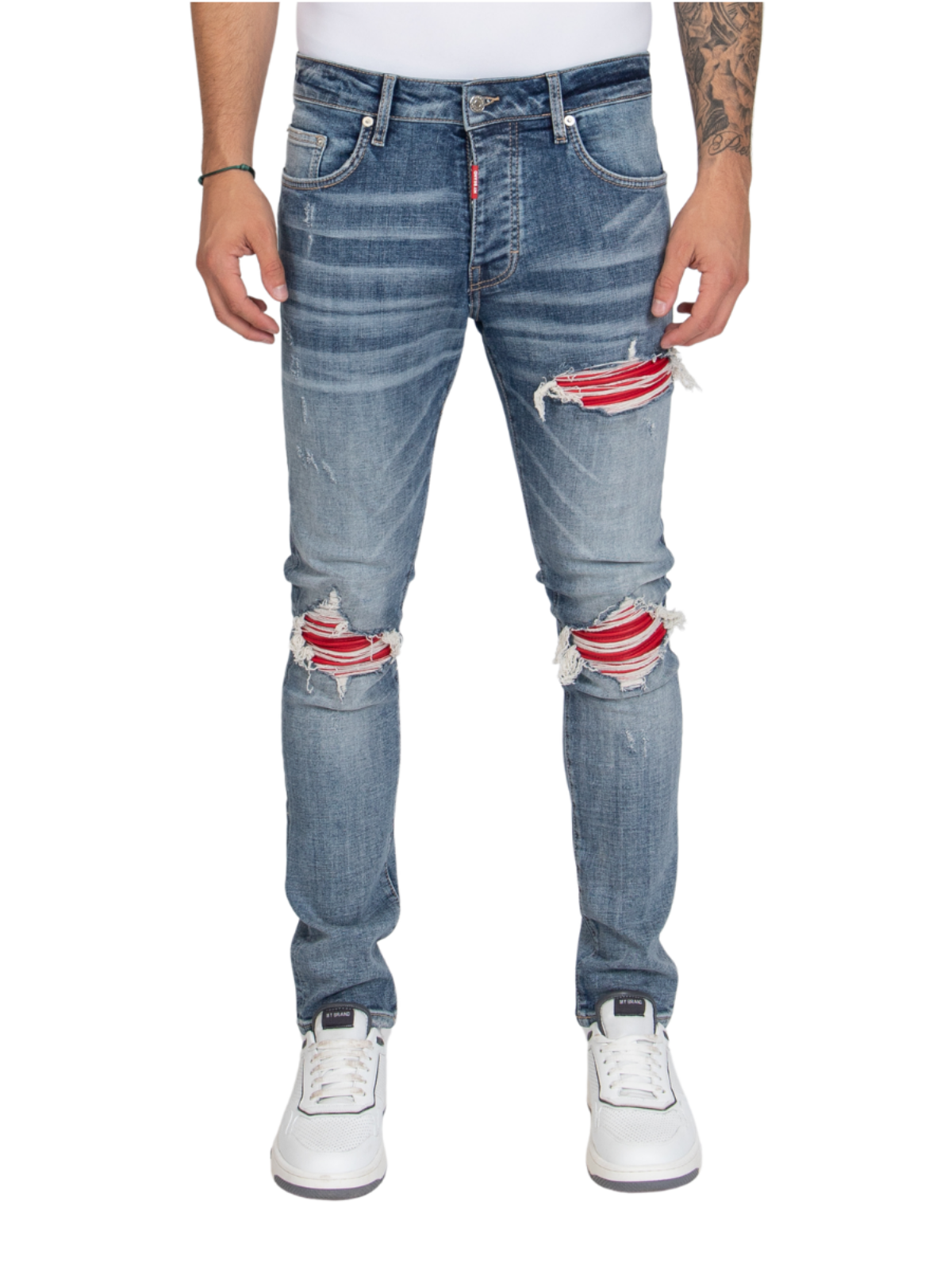 RED RIPPED BIKER JEANS, RED LABEL | DENIM